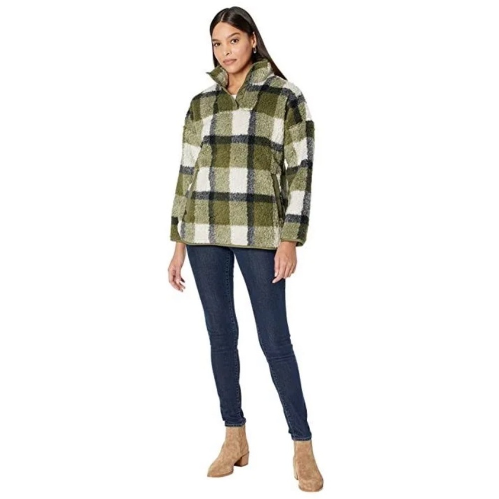 MADEWELL (Re)Sourced Sherpa Popover Tunic Jacket in Plaid Size S Green